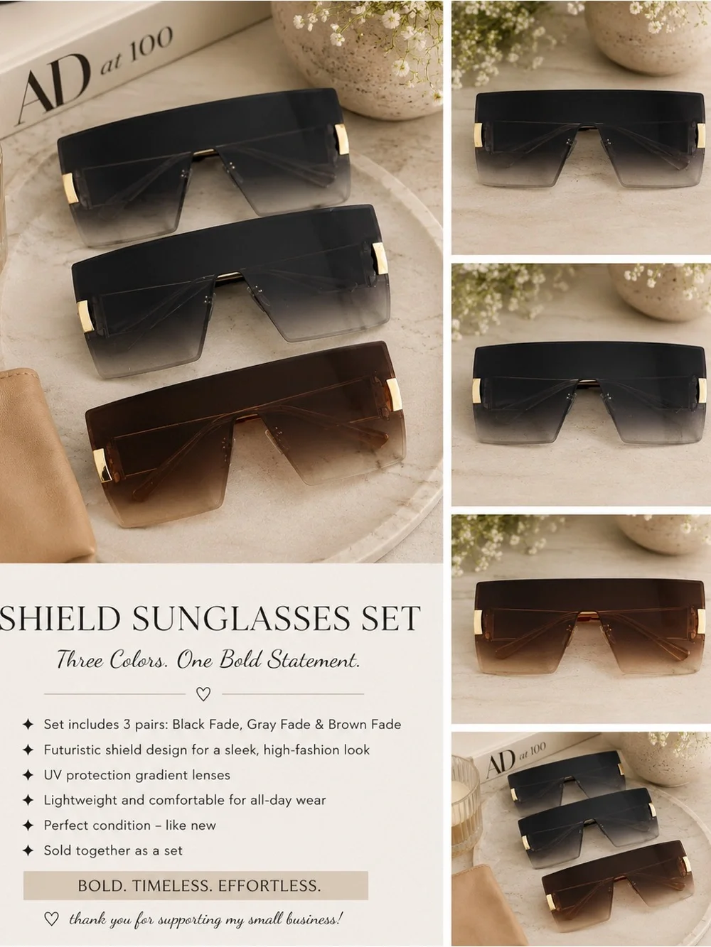 Oversized Shield Sunglasses - set of 3 / same style.